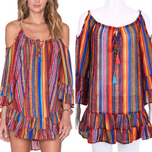 Beach Dress Rainbow Multicolor Ruffles Chiffon Dress Off The Shoulder Spaghetti Strap Casual Loose Dress Vestidos SN9