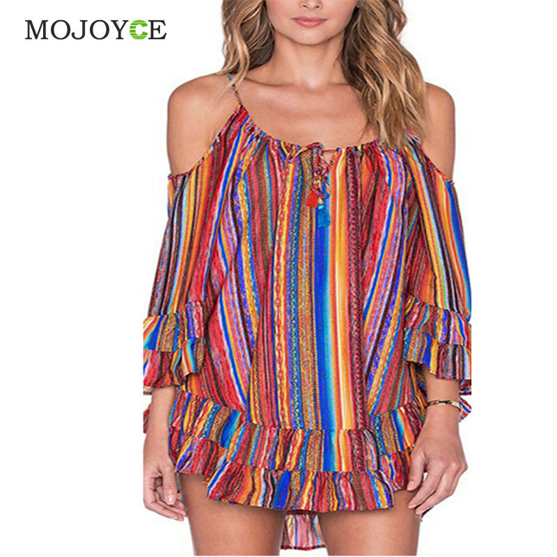 Beach Dress Rainbow Multicolor Ruffles Chiffon Dress Off The Shoulder Spaghetti Strap Casual Loose Dress Vestidos SN9