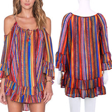 Beach Dress Rainbow Multicolor Ruffles Chiffon Dress Off The Shoulder Spaghetti Strap Casual Loose Dress Vestidos SN9
