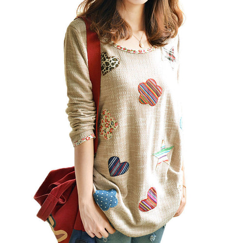 Artistic Style Knitted Women Blouses Fresh Hearts Flowers Appliques Shirts Women Blusas Femininas Women Tops SN9