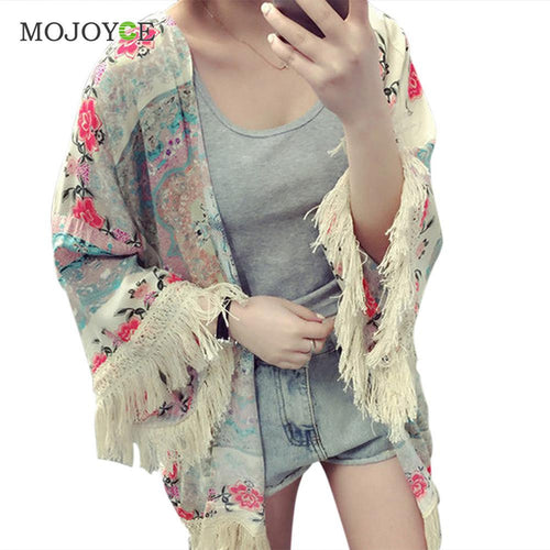 Batwing Sleeve Printed Tassels Kimono Chiffon Blouse Shawl Sun Protection Cover Women Blouses Blusas Feminino Women Tops  SN9