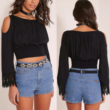 Beach Style O-neck Long Sleeve Crop Top with Lace Women Casual Blouses  SN9