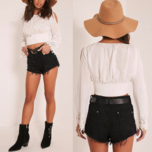 Beach Style O-neck Long Sleeve Crop Top with Lace Women Casual Blouses  SN9