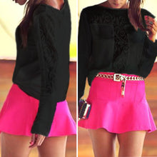 Black Women Blouses Hollow Out Pattern Stitching Lace Shirt Women Blusas y Camisas Mujer Round Neck Long Sleeve Chiffon Blouse SN9