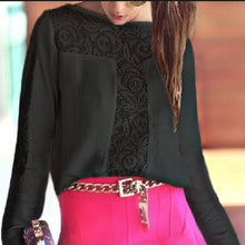 Black Women Blouses Hollow Out Pattern Stitching Lace Shirt Women Blusas y Camisas Mujer Round Neck Long Sleeve Chiffon Blouse SN9