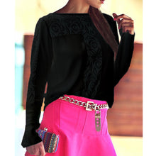 Black Women Blouses Hollow Out Pattern Stitching Lace Shirt Women Blusas y Camisas Mujer Round Neck Long Sleeve Chiffon Blouse SN9