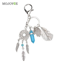 Blue Agate Keyring Fashion Silver Leaves Dreamcatcher Bag Car Keychain Fashion Jewelry SN9