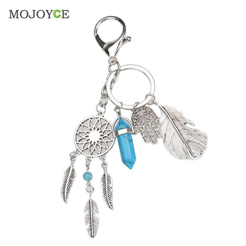 Blue Agate Keyring Fashion Silver Leaves Dreamcatcher Bag Car Keychain Fashion Jewelry SN9