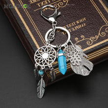 Blue Agate Keyring Fashion Silver Leaves Dreamcatcher Bag Car Keychain Fashion Jewelry SN9