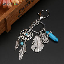 Blue Agate Keyring Fashion Silver Leaves Dreamcatcher Bag Car Keychain Fashion Jewelry SN9