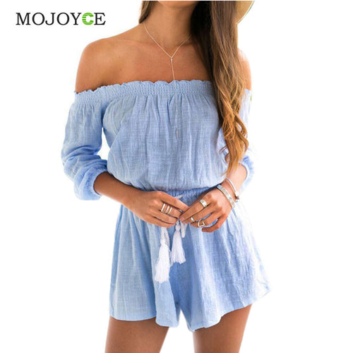 Blue Off Shoulder Rompers Womens Jumpsuit Shorts Beach Playsuit Linen Jumpsuit Cotton Bodysuit Combinaison Femme SN9