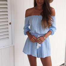 Blue Off Shoulder Rompers Womens Jumpsuit Shorts Beach Playsuit Linen Jumpsuit Cotton Bodysuit Combinaison Femme SN9