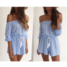 Blue Off Shoulder Rompers Womens Jumpsuit Shorts Beach Playsuit Linen Jumpsuit Cotton Bodysuit Combinaison Femme SN9