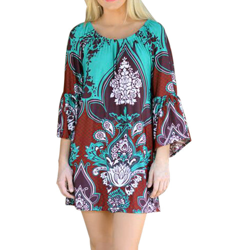Bohemian Printed Off-shoulder O-neck Party Beach Dress Boho Vestidos Dress 1 STL SN9