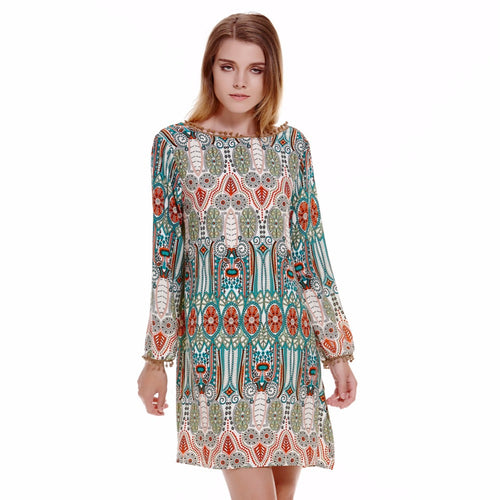 Boho Dress Vintage Women V-Back Party Dress Floral Print Long Sleeve Short Dress Vestidos Vintage Boho  SN9
