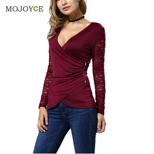 Bud Silk Lace Stitching T-Shirt Elegant V neck Long Sleeve Women Office Tops Ladies Casual Zip Women Top Blusa Tee SN9