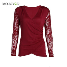 Bud Silk Lace Stitching T-Shirt Elegant V neck Long Sleeve Women Office Tops Ladies Casual Zip Women Top Blusa Tee SN9