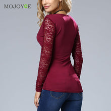 Bud Silk Lace Stitching T-Shirt Elegant V neck Long Sleeve Women Office Tops Ladies Casual Zip Women Top Blusa Tee SN9