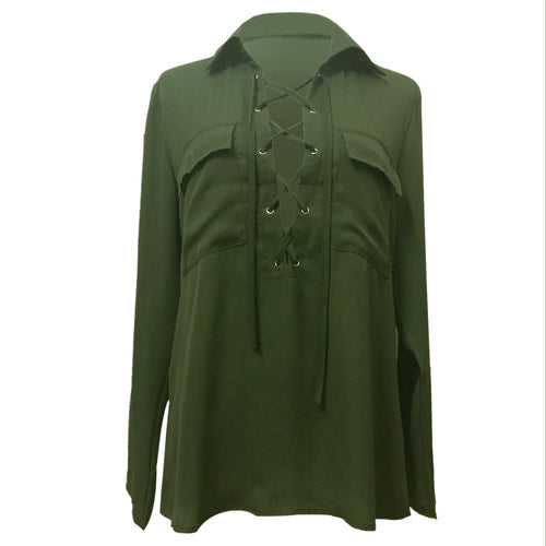 Bust Pocket V-Neck Women Blouses Bandage Lapel Long Sleeve Blouse Shirt Army Green Women Tops Chiffon Blusas Feminino  SN9