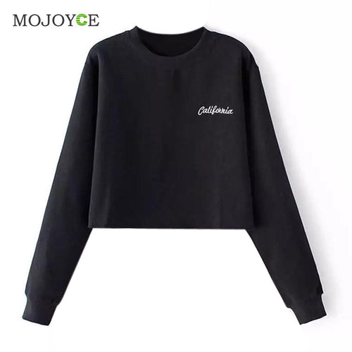 Casual Cotton Embroidered Letter Long Sleeve Sweatshirt Crop Top Black Grey Women Top Sweatshirt Women SN9