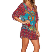 Casual Ethnic Totem Paisley Floral Print Streamer V-Neck Shift Dress Strappy 3/4 Sleeve Dresses Vestidos Women Dress SN9