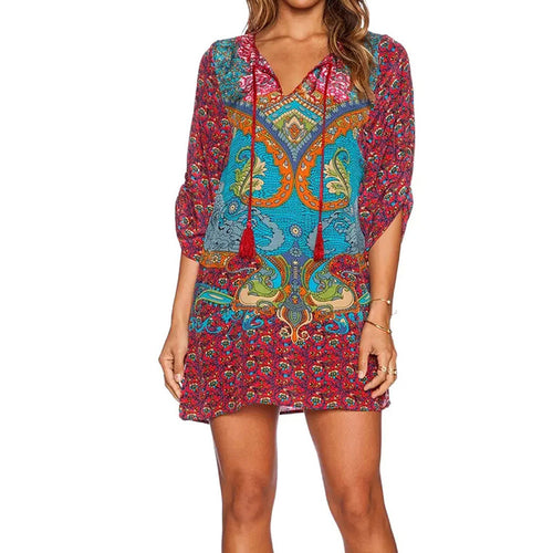 Casual Ethnic Totem Paisley Floral Print Streamer V-Neck Shift Dress Strappy 3/4 Sleeve Dresses Vestidos Women Dress SN9