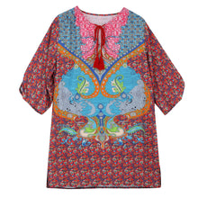 Casual Ethnic Totem Paisley Floral Print Streamer V-Neck Shift Dress Strappy 3/4 Sleeve Dresses Vestidos Women Dress SN9