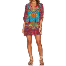 Casual Ethnic Totem Paisley Floral Print Streamer V-Neck Shift Dress Strappy 3/4 Sleeve Dresses Vestidos Women Dress SN9