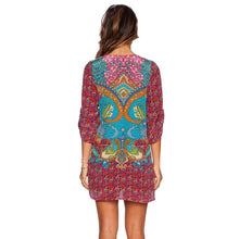 Casual Ethnic Totem Paisley Floral Print Streamer V-Neck Shift Dress Strappy 3/4 Sleeve Dresses Vestidos Women Dress SN9