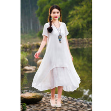 Casual Solid Dress Women Elegant Loose Short Sleeve V Neck Dress Cotton Linen Boho Long Dress Vestidos Plus Size SN9