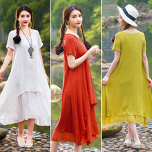 Casual Solid Dress Women Elegant Loose Short Sleeve V Neck Dress Cotton Linen Boho Long Dress Vestidos Plus Size SN9