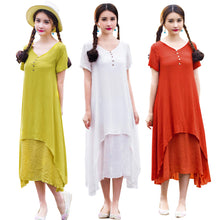 Casual Solid Dress Women Elegant Loose Short Sleeve V Neck Dress Cotton Linen Boho Long Dress Vestidos Plus Size SN9