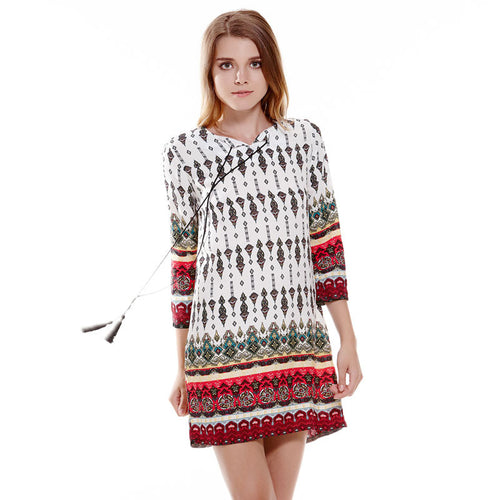 Casual Split Tie Print Dress Vintage Straight Short Women Dress Cotton Beach Dress Boho Vestidos Plus Size  SN9