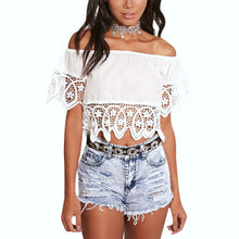 Bohemian White Crop Top for Women Off Shoulder Lace Splice T shirt Camisetas Tops Slash Neck Women Clothing SN9