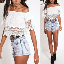 Bohemian White Crop Top for Women Off Shoulder Lace Splice T shirt Camisetas Tops Slash Neck Women Clothing SN9