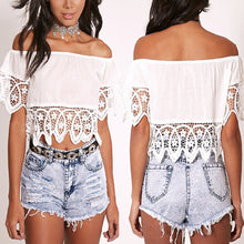Bohemian White Crop Top for Women Off Shoulder Lace Splice T shirt Camisetas Tops Slash Neck Women Clothing SN9